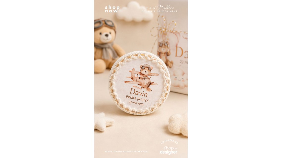 Trusou Botez Băieți Little Aviator Ursuleț Aviator Personalizat Bleu Pudrat si Ivory 1